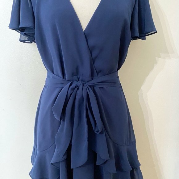 NWOT LULUS SWEET LIKE YOU NAVY CHIFFON RUFFLE FRONT TIE MINI COCKTAIL DRESS - M - Picture 6 of 12